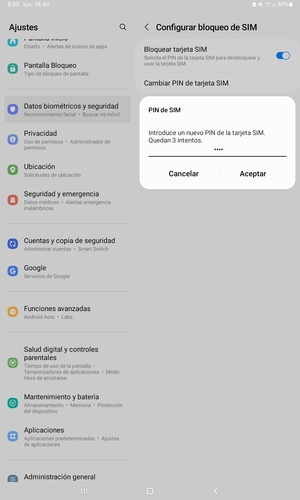 Introduzca su Nuevo PIN de la tarjeta SIM y seleccione Aceptar