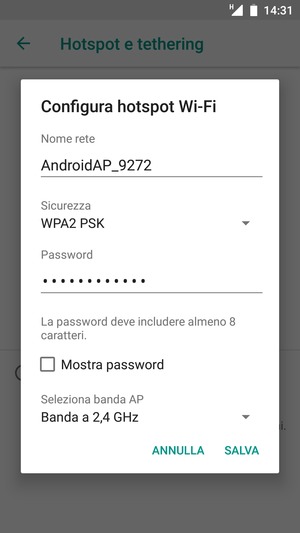 Inserisci una password dell'hotspot Wi-Fi di almeno 8 caratteri e seleziona SALVA