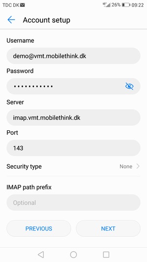 Enter Username and Incoming server address. Select NEXT