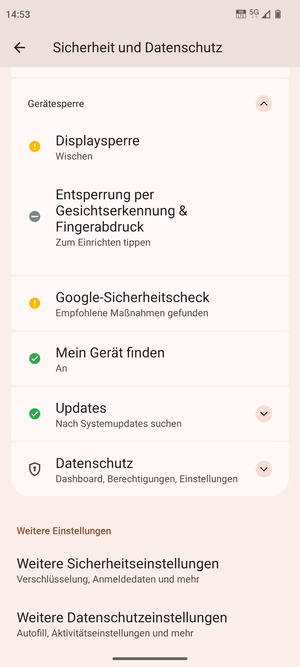 Um die PIN für die SIM-Karte zu wechseln, gehen Sie zum Sicherheit und Datenschutz Menü und scrollen Sie und wählen Sie Weitere Sicherheitseinstellungen