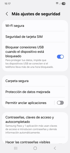 Seleccione Seguridad de tarjeta SIM