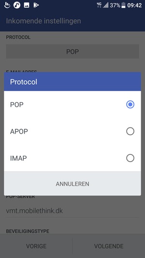 Selecteer POP of IMAP