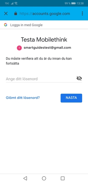 Ange ditt Gmail lösenord och välj NÄSTA