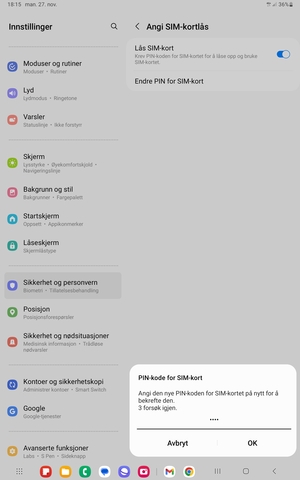 Bekreft din nye PIN-kode for SIM-kort og velg OK