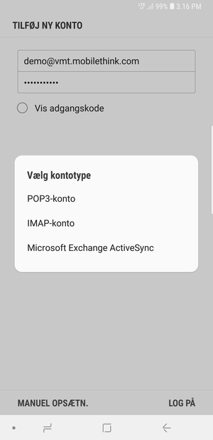Vælg POP3-konto eller IMAP-konto