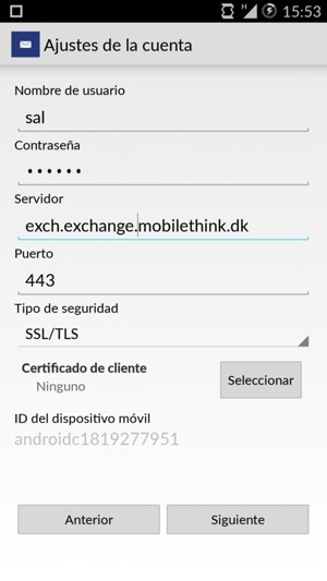Introduzca Nombre de usuario y la dirección de servidor Exchange. Seleccione Siguiente