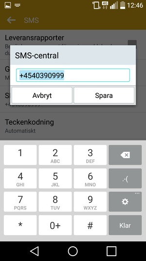 Ange SMS-central-numret och välj Spara