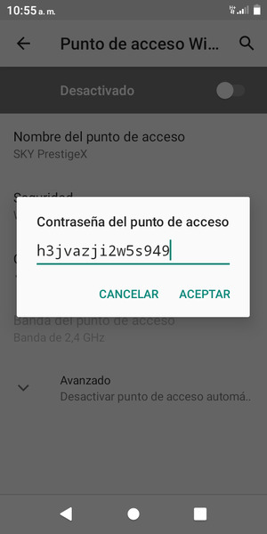 Introduzca una contraseña de punto de acceso Wi-Fi de al menos 8 caracteres y seleccione ACEPTAR