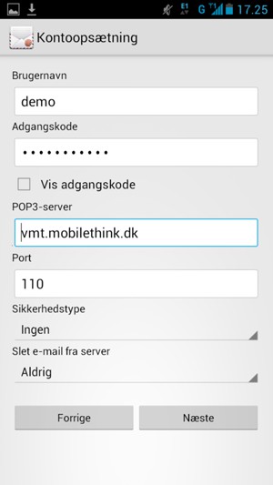 Indtast Brugernavn og indgående serveradresse. Vælg Næste