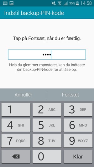 Indtast en Backup-PIN-kode og Vælg Fortsæt