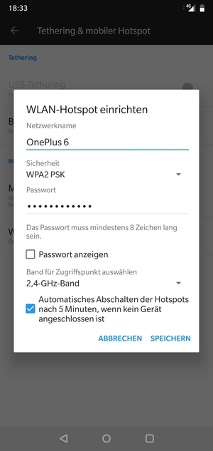 Geben Sie eine WLAN-Hotspot-Passwort mit mindestens 8 Zeichen ein und wählen Sie SPEICHERN
