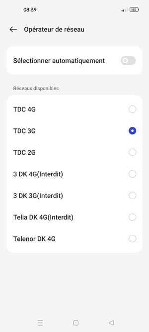 Sélectionnez un opérateur réseau dans la liste
