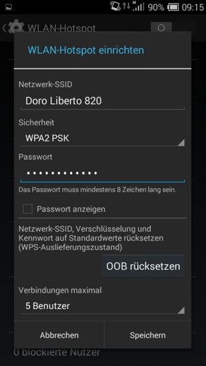 Geben Sie eine WLAN-Hotspot-Passwort mit mindestens 8 Zeichen ein und wählen Sie Speichern