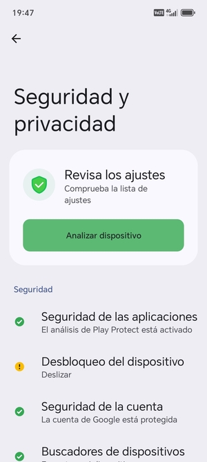 Para activar su bloqueo de pantalla, vaya al menú Seguridad y privacidad y seleccione Desbloqueo del dispositivo
