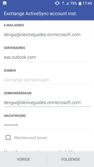 Voer Exchange serveradres en Gebruikersnaam in. Selecteer VOLGENDE