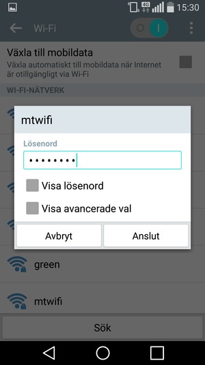 Ange lösenord till Wi-Fi och välj Anslut