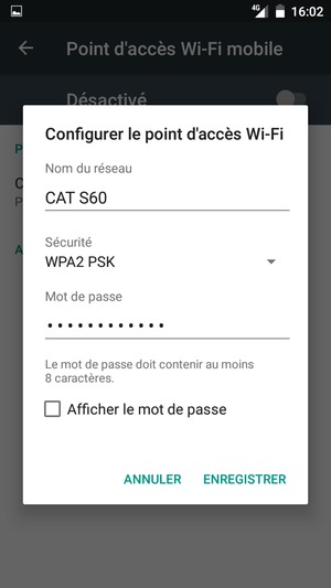 Saisissez un mot de passe de hotspot Wi-Fi d'au moins 8 caractères et sélectionnez ENREGISTRER