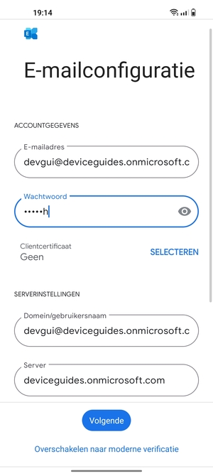 Voer Gebruikersnaam en Exchange serveradres in. Selecteer Volgende