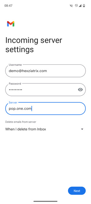 Enter Username and Incoming server address. Select Next