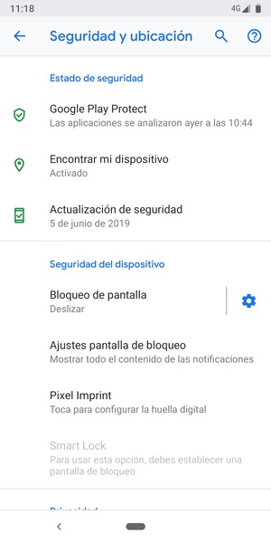 Para activar su bloqueo de pantalla, vaya al menú Seguridad y ubicación y seleccione Bloqueo de pantalla