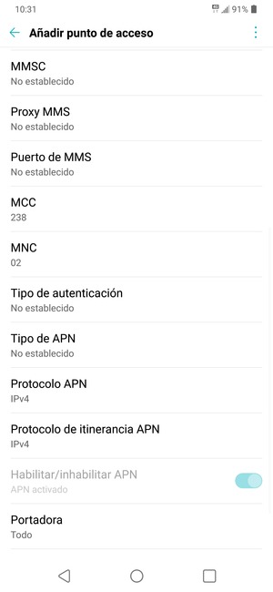 Desplácese hacia abajo e introduzca la información MMS
