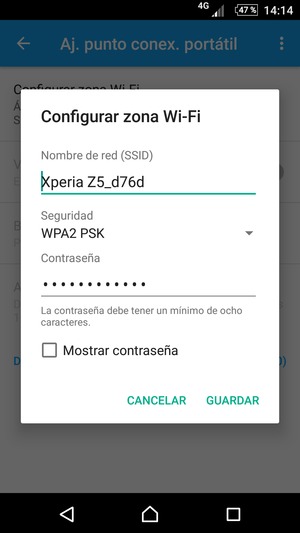 Introduzca una contraseña de punto de acceso Wi-Fi de al menos 8 caracteres y seleccione GUARDAR