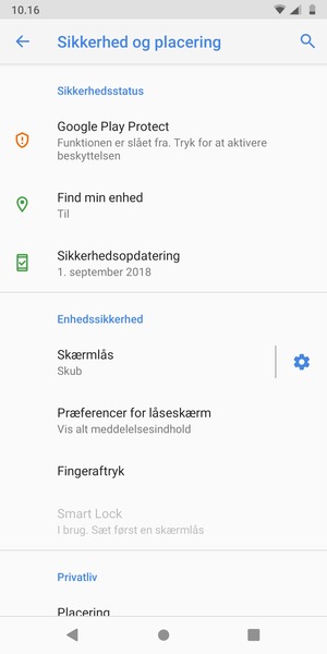 For at aktivere din skærmlås, gå til menuen Sikkerhed og placering og vælg Skærmlås
