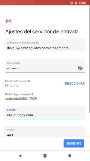 Introduzca Nombre de usuario y la dirección de servidor Exchange. Seleccione SIGUIENTE
