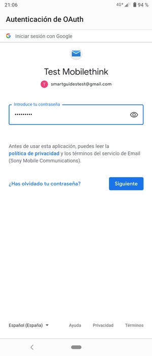 Introduzca su contraseña de Gmail y seleccione Siguiente