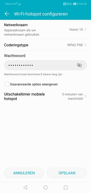 Voer een wachtwoord van een WiFi-hotspot in van ten minste 8 tekens en selecteer OPSLAAN
