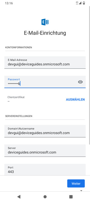 Geben Sie Benutzername und Exchange Server-Adresse ein. Wählen Sie Weiter