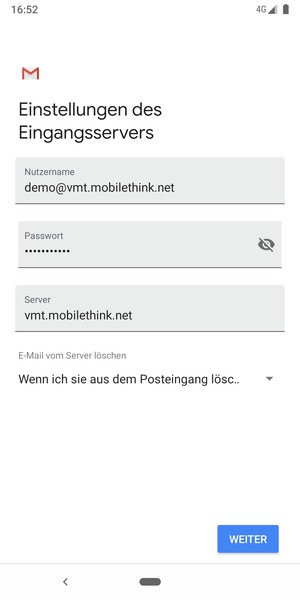 Geben Sie Benutzername und die Server-Adresse für eingehende Post ein. Wählen Sie WEITER