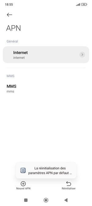 Votre téléphone va être réinitialisé avec les paramètres Internet et MMS par défaut