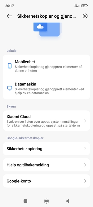 Bla til og velg Sikkerhetskopiering