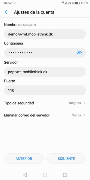 Introduzca Nombre de usuario y la dirección de servidor entrante. Seleccione SIGUIENTE