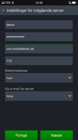 Indtast Brugernavn og Indgående serveradresse. Vælg Næste