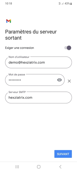 Entrez l'adresse du serveur Sortant et sélectionnez SUIVANT