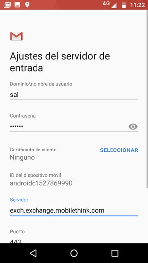 Introduzca Nombre de usuario y la dirección de servidor Exchange