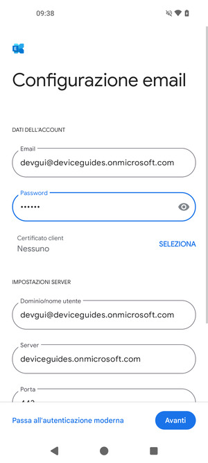 Inserisci Nome utente e l'indirizzo del server Exchange. Seleziona Avanti