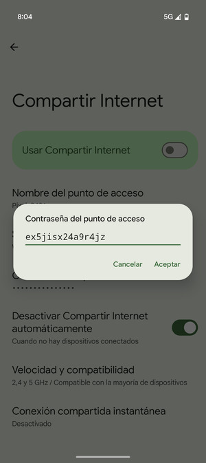 Introduzca una contraseña de punto de acceso Wi-Fi de al menos 8 caracteres y seleccione Aceptar