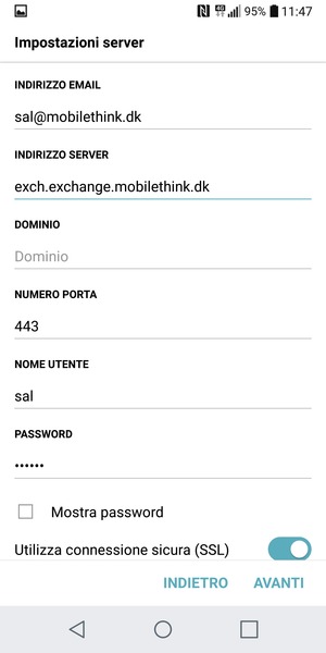 Inserisci l'indirizzo del server Exchange e NOME UTENTE. Seleziona AVANTI