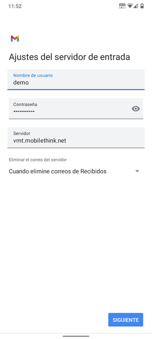 Introduzca Nombre de usuario y la dirección de servidor entrante. Seleccione SIGUIENTE