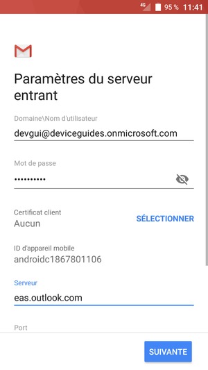 Saisissez votre mot de passe et l'adresse du serveur Exchange. Sélectionnez SUIVANTE