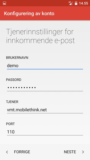 Skriv inn Brukernavn og innkommende serveradresse