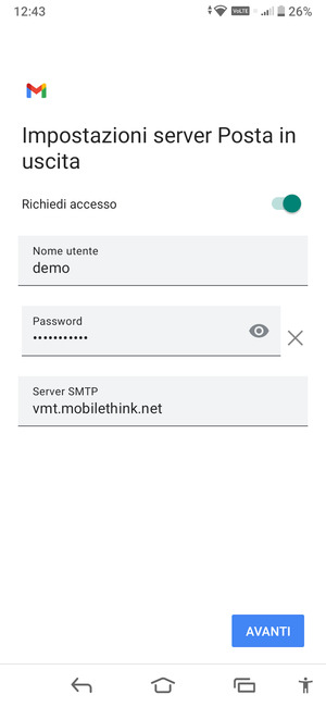 Inserisci l'indirizzo del server di posta in uscita