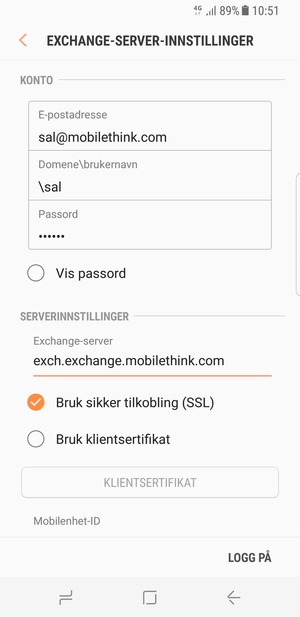 Skriv inn Brukernavn og Exchange serveradresse. Velg LOGG PÅ