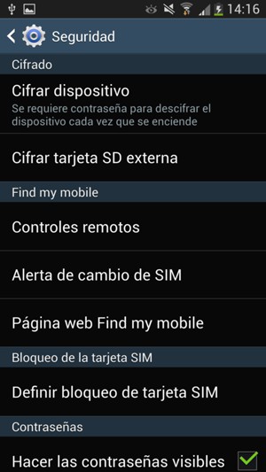 Para activar su bloqueo de pantalla, vaya al menú Seguridad y seleccione Cifrar dispotivo