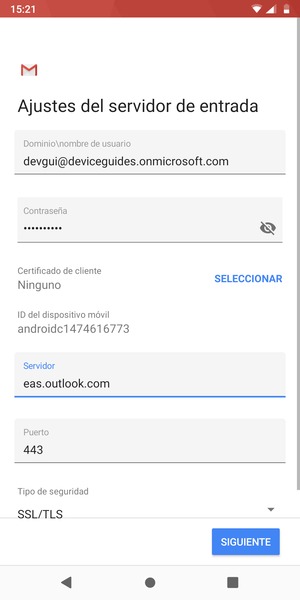 Introduzca Siguiente y la dirección de servidor Exchange. Seleccione SIGUIENTE