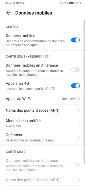 Faites défiler jusqu'à SIM 1 ou SIM 2 et sélectionnez Mode réseau préféré