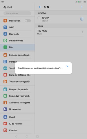 La tablet se reiniciará con la configuración predeterminada de Internet y MMS